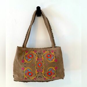 Jeanne Lottie Vintage Embroidered Tan Faux Suede/Shearling Shoulder Bag